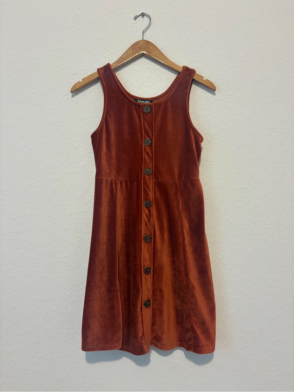 Trixxi Girls' Rust Velvet Button-Front Tank Dress